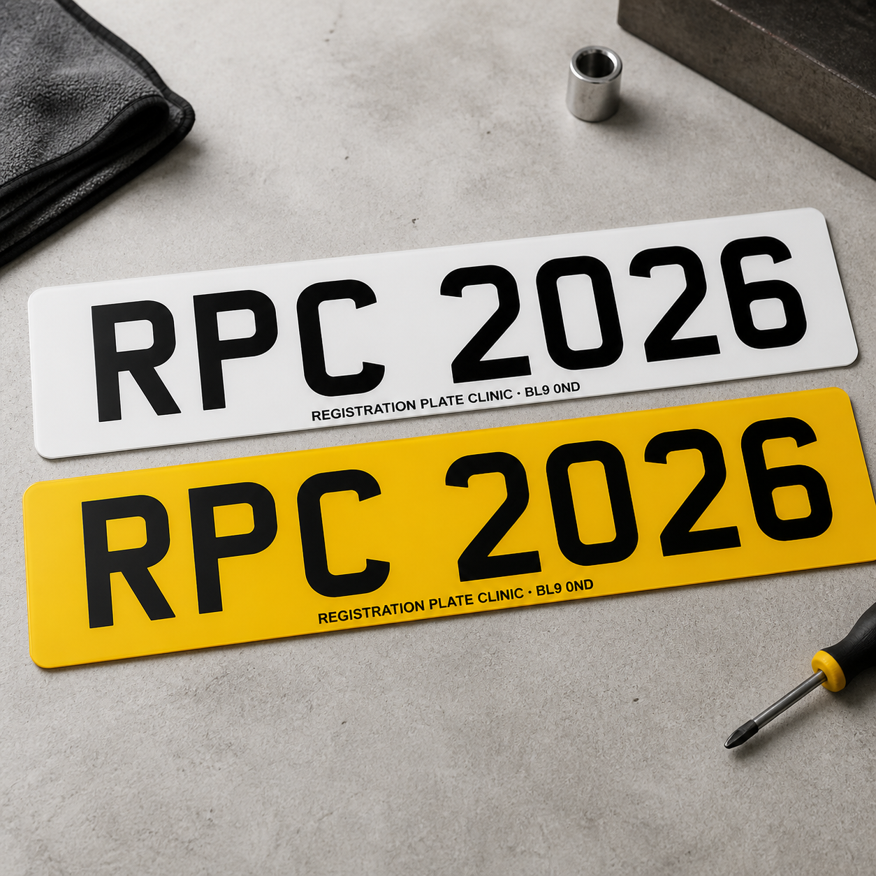 RPC 2D printed number plates on a clean studio background